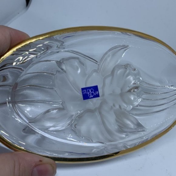 New Vintage Mikasa Studio Nova Oval Crystal Frosted IRIS Dish Gold Rim - Picture 2 of 4